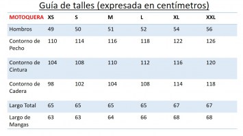 tabla de  medidas MOTOQUERA HOMBRE